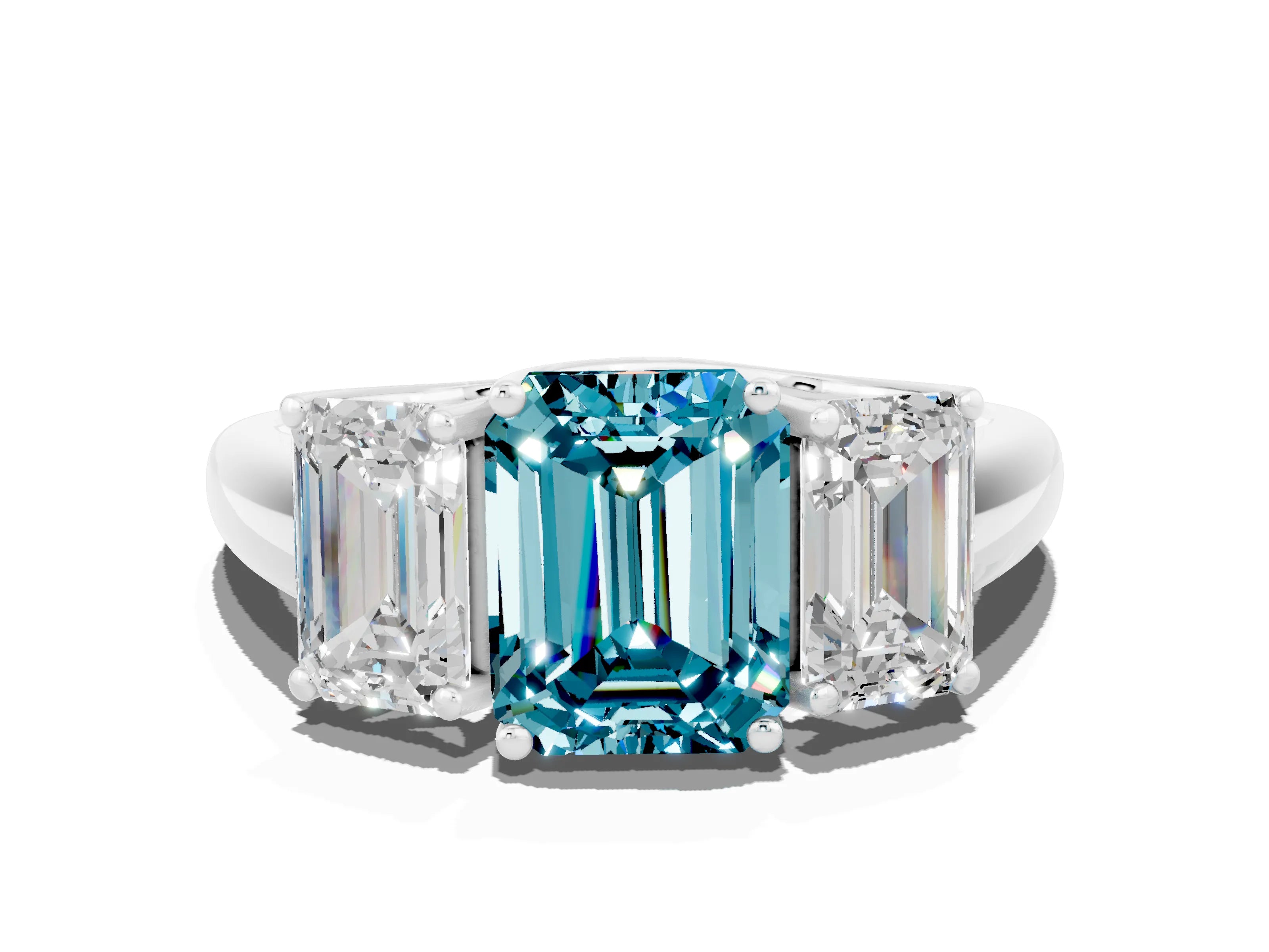 White gold Three-Stone Emerald Cut Blue Topaz Engagement Ring with Prong Setting_36