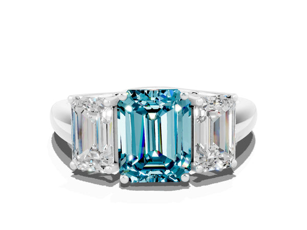 Platinum Three-Stone Emerald Cut Blue Topaz Engagement Ring with Prong Setting