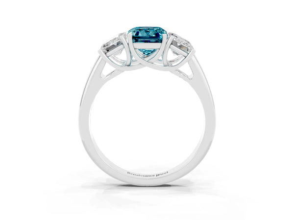 Silver Three-Stone Emerald Cut Blue Topaz Engagement Ring with Prong Setting