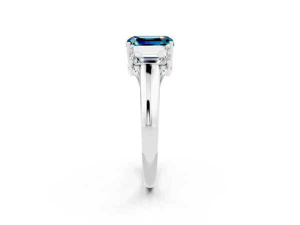 Platinum Three-Stone Emerald Cut Blue Topaz Engagement Ring with Prong Setting