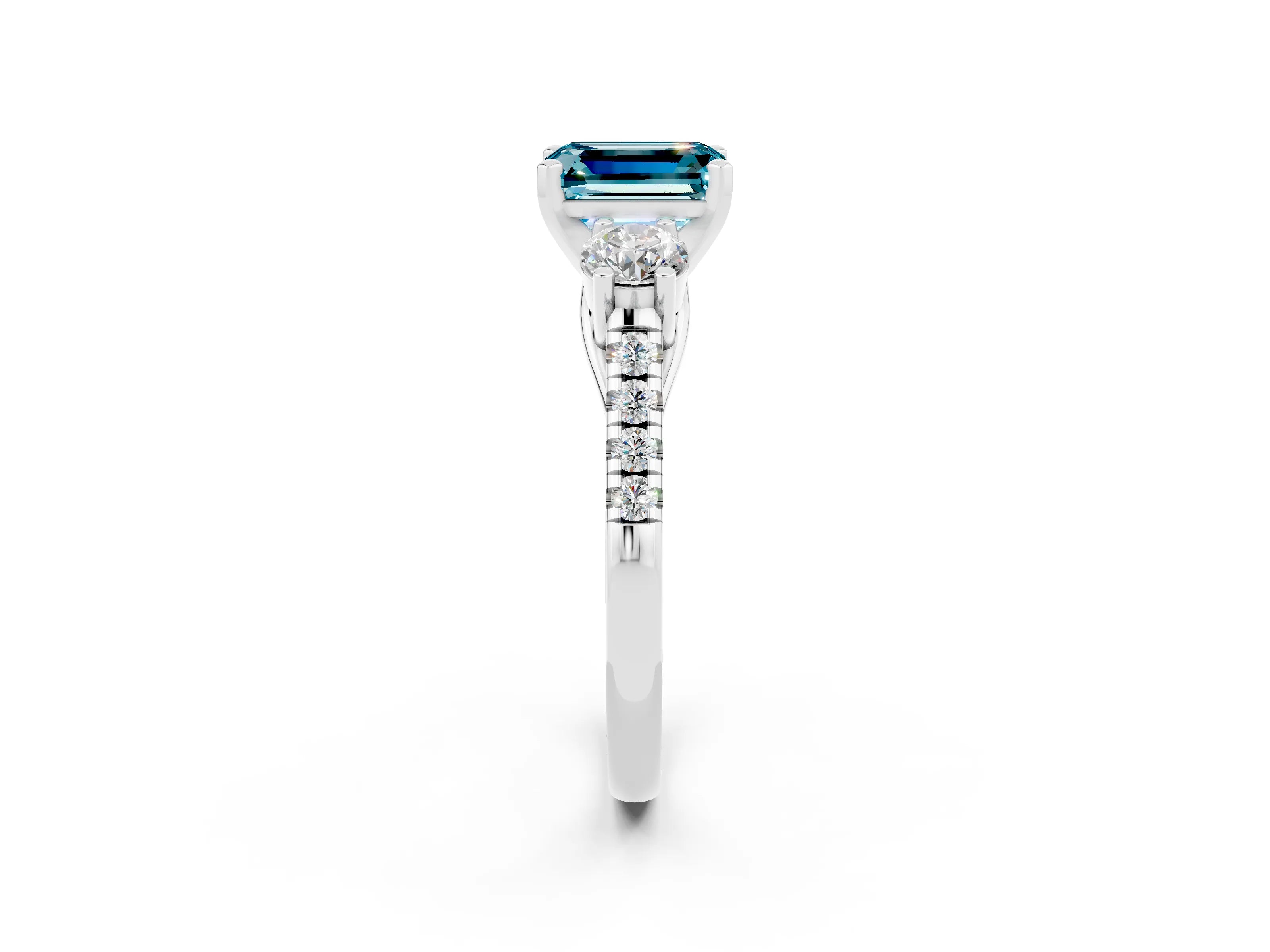 White gold Three-Stone Emerald Cut Blue Topaz Pavé Band with Four-Prong Setting_2