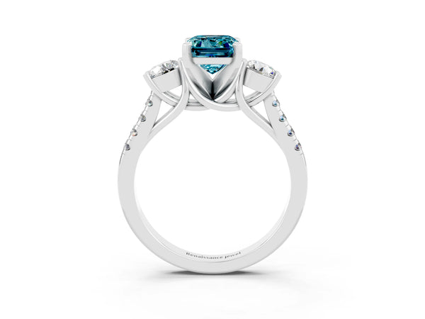 Platinum Three-Stone Emerald Cut Blue Topaz Pavé Band with Four-Prong Setting