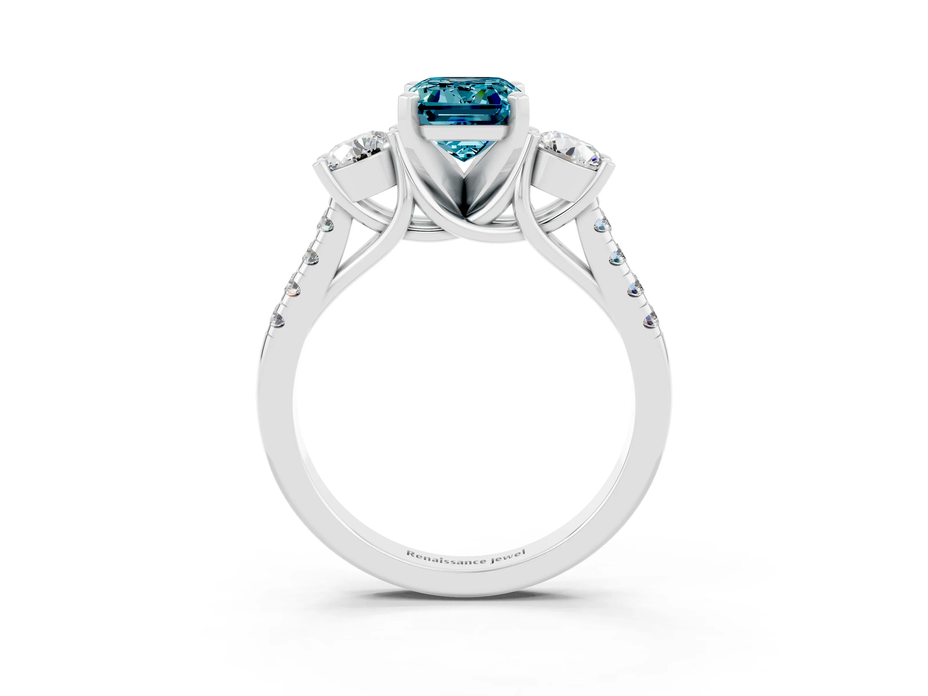White gold Three-Stone Emerald Cut Blue Topaz Pavé Band with Four-Prong Setting_3
