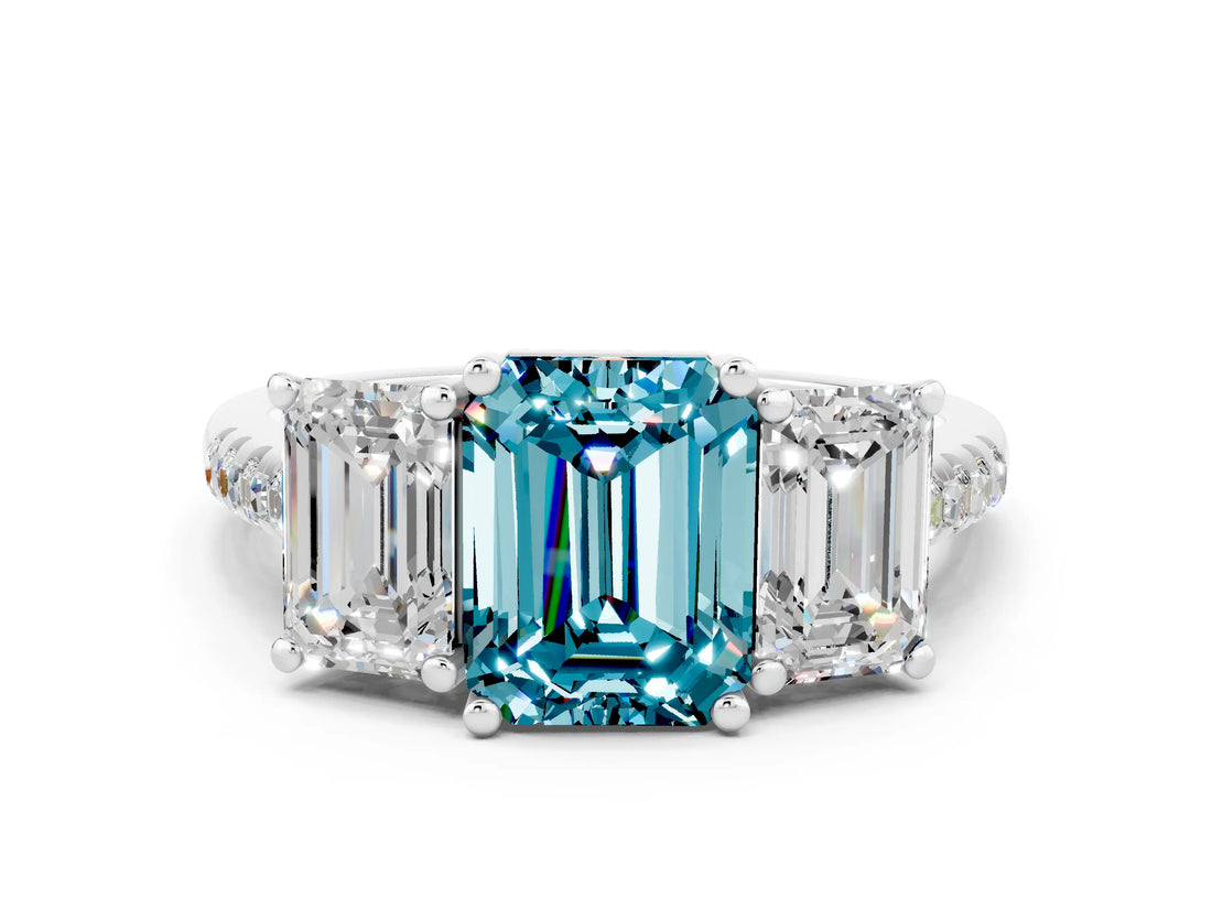 White gold Three-Stone Emerald Cut Blue Topaz Ring with Pavé Band and Prong Setting_12