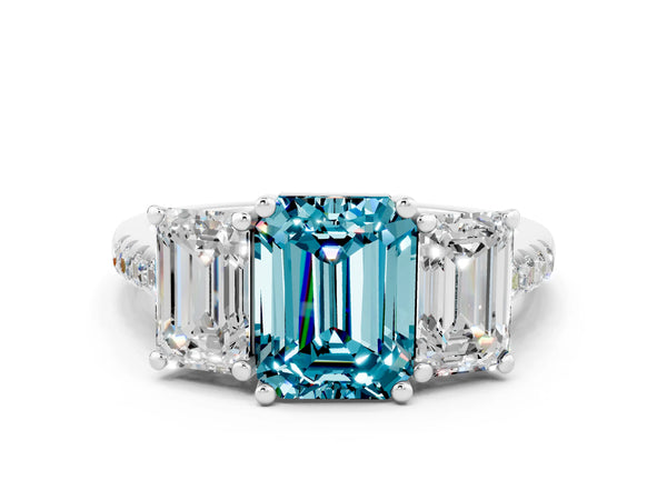 Platinum Three-Stone Emerald Cut Blue Topaz Ring with Round  Pavé Band and Prong Setting