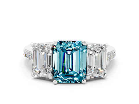 White gold Three-Stone Emerald Cut Blue Topaz Ring with Pavé Band and Prong Setting_12