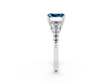 White gold Three-Stone Emerald Cut Blue Topaz Ring with Pavé Band and Prong Setting_14