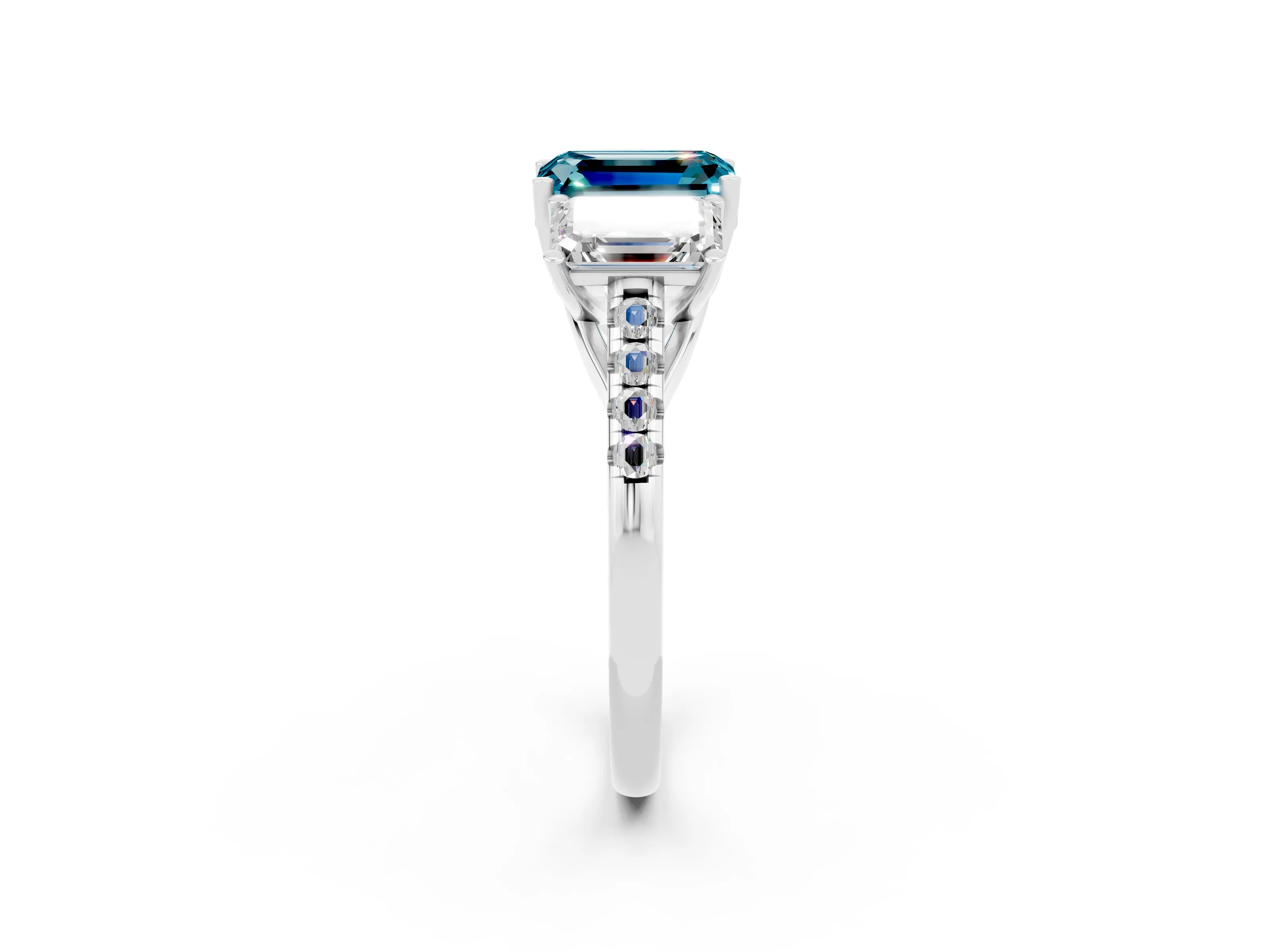 White gold Three-Stone Emerald Cut Blue Topaz Ring with Pavé Band and Prong Setting_14