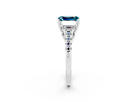 White gold Three-Stone Emerald Cut Blue Topaz Ring with Pavé Band and Prong Setting_14