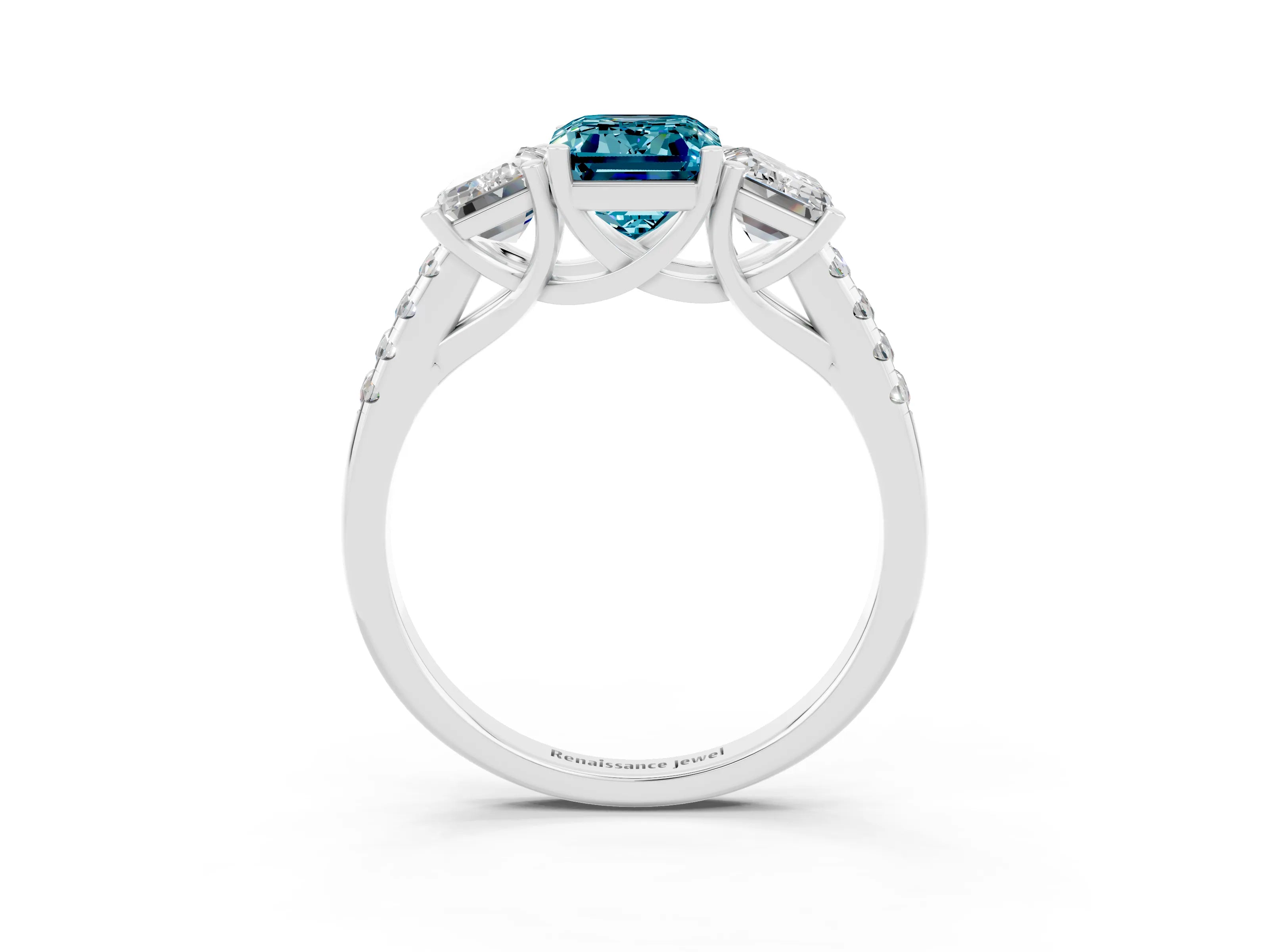 White gold Three-Stone Emerald Cut Blue Topaz Ring with Pavé Band and Prong Setting_15