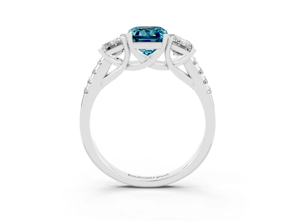 Silver Three-Stone Emerald Cut Blue Topaz Ring with Round  Pavé Band and Prong Setting