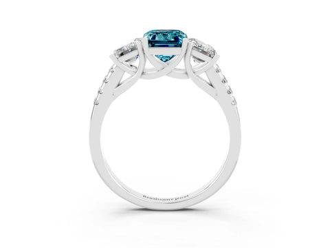White gold Three-Stone Emerald Cut Blue Topaz Ring with Pavé Band and Prong Setting_15