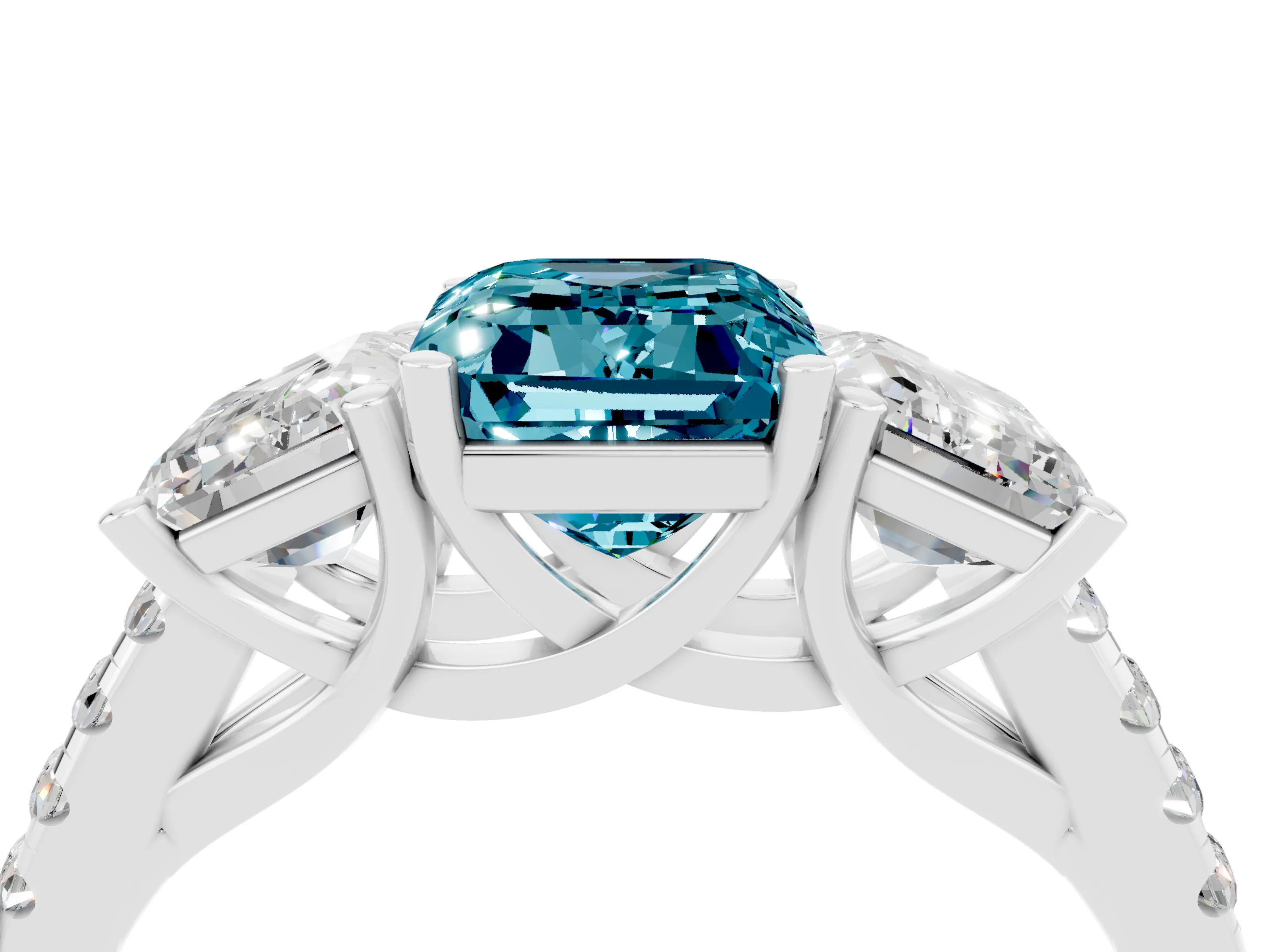 White gold Three-Stone Emerald Cut Blue Topaz Ring with Pavé Band and Prong Setting_16