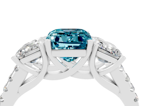 White gold Three-Stone Emerald Cut Blue Topaz Ring with Pavé Band and Prong Setting_16