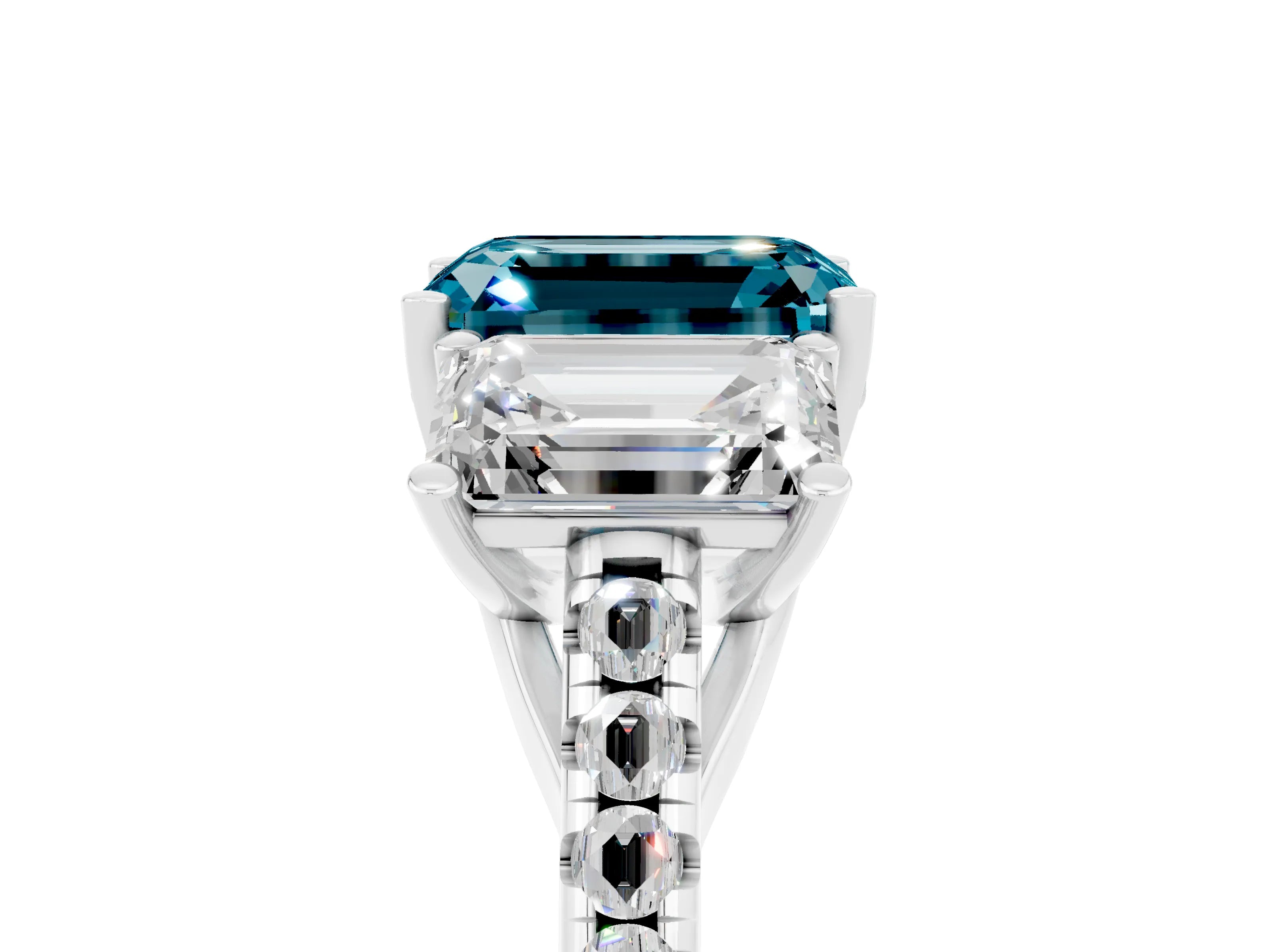 White gold Three-Stone Emerald Cut Blue Topaz Ring with Pavé Band and Prong Setting_17