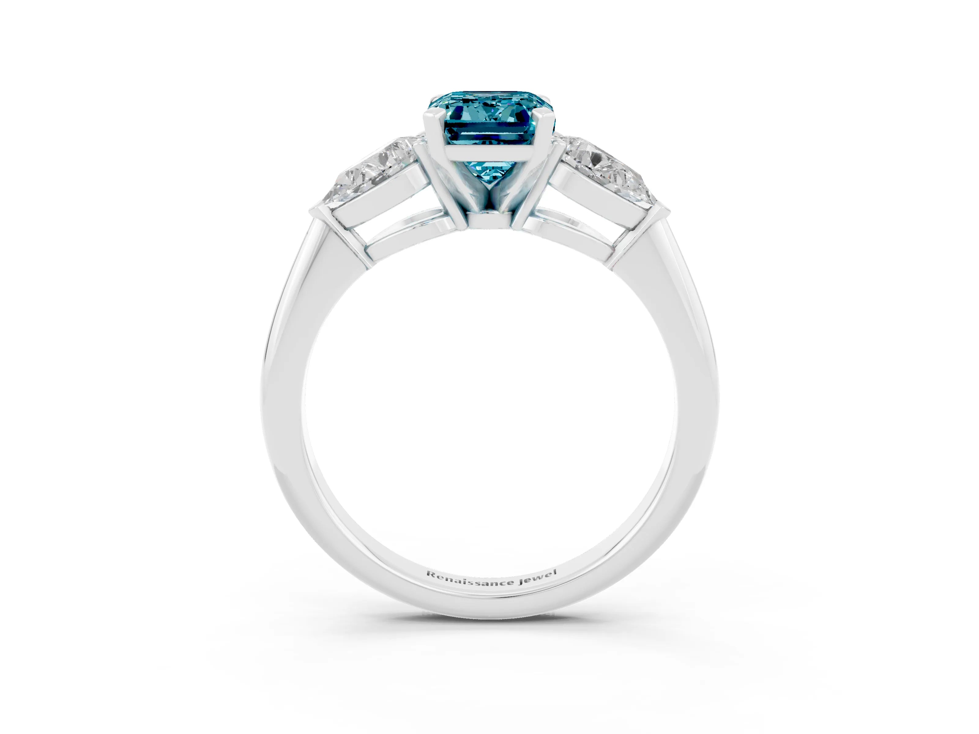 White gold Three-Stone Emerald Cut Blue Topaz Ring with Pear Side Stones and Four-Prong Setting_3