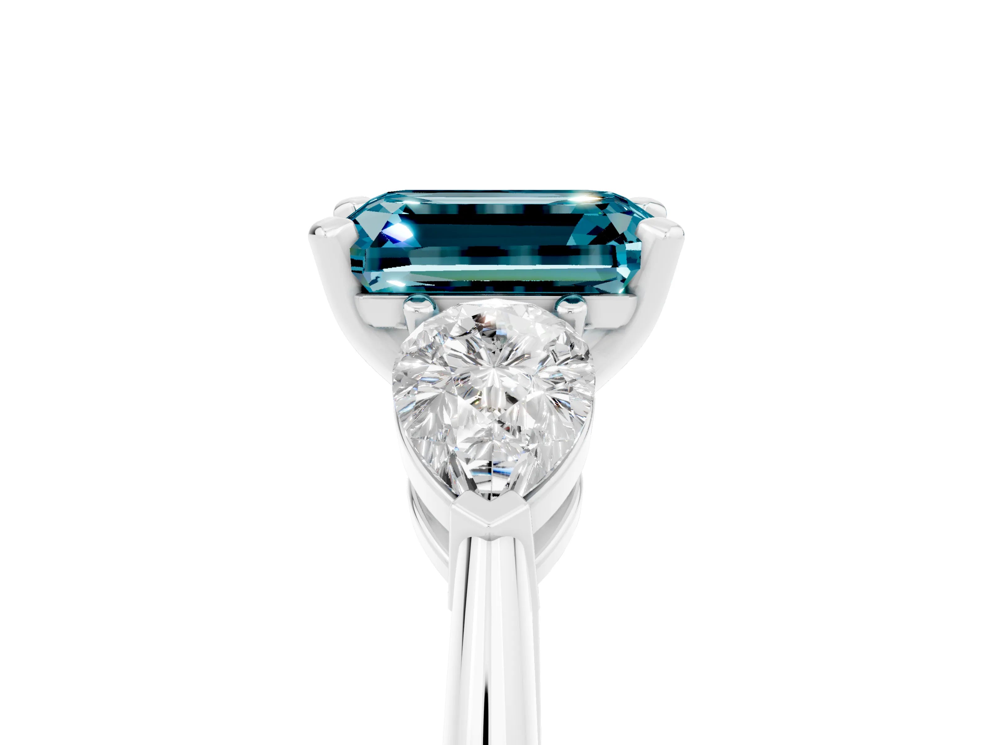 White gold Three-Stone Emerald Cut Blue Topaz Ring with Pear Side Stones and Four-Prong Setting_5