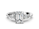 White gold Three-Stone Emerald Cut Brilliant Diamond Solitaire Ring with Tapered Band and Four-Prong Setting_13
