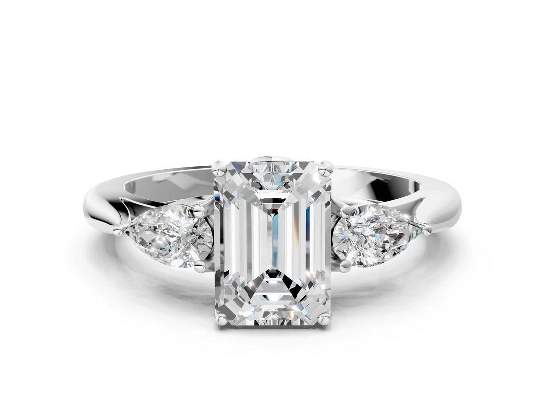 White gold Three-Stone Emerald Cut Brilliant Diamond Solitaire Ring with Tapered Band and Four-Prong Setting_13