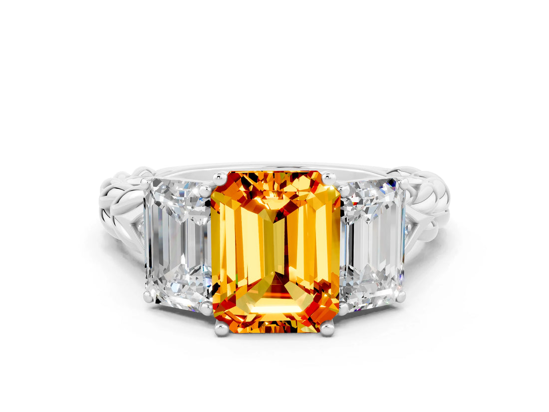 White gold Three-Stone Emerald Cut Citrine Braided Band Ring with Four-Prong Setting_36
