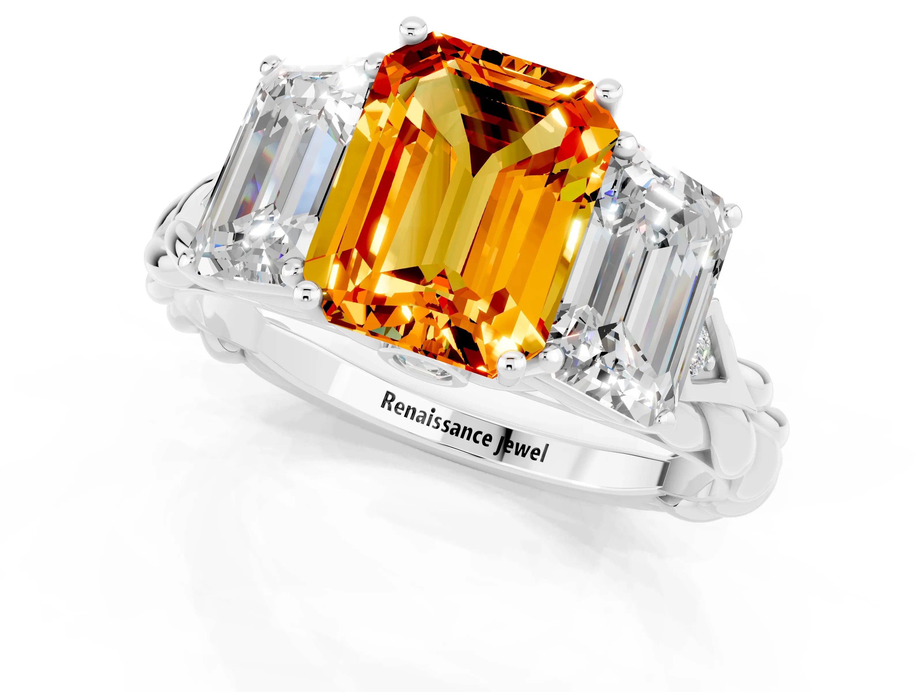 White gold Three-Stone Emerald Cut Citrine Braided Band Ring with Four-Prong Setting_37