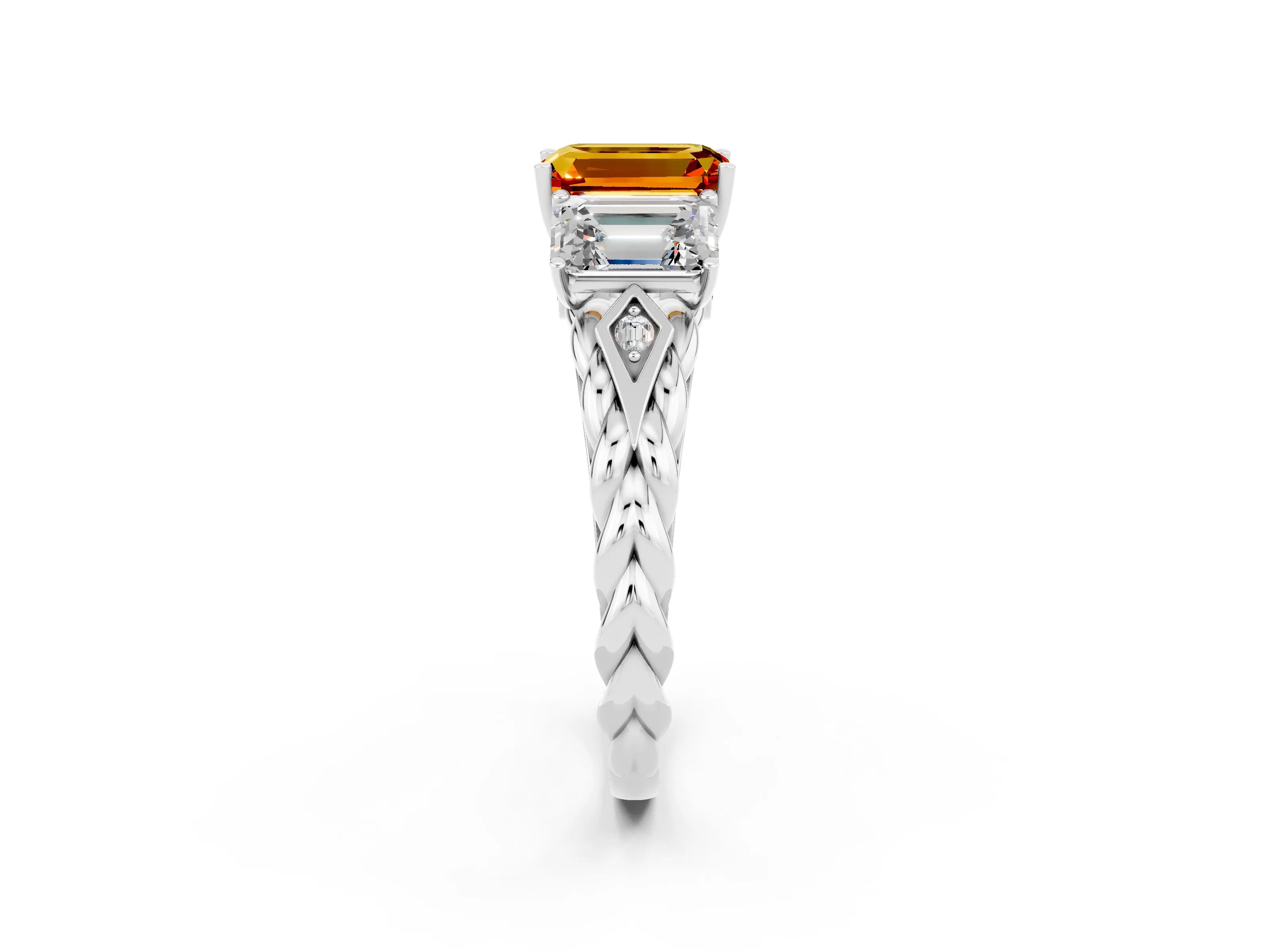 White gold Three-Stone Emerald Cut Citrine Braided Band Ring with Four-Prong Setting_38