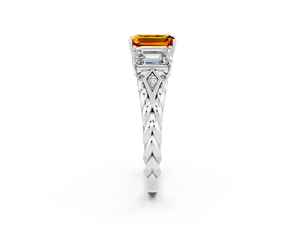 Platinum Three-Stone Emerald Cut Citrine Braided Band Ring with Four-Prong Setting