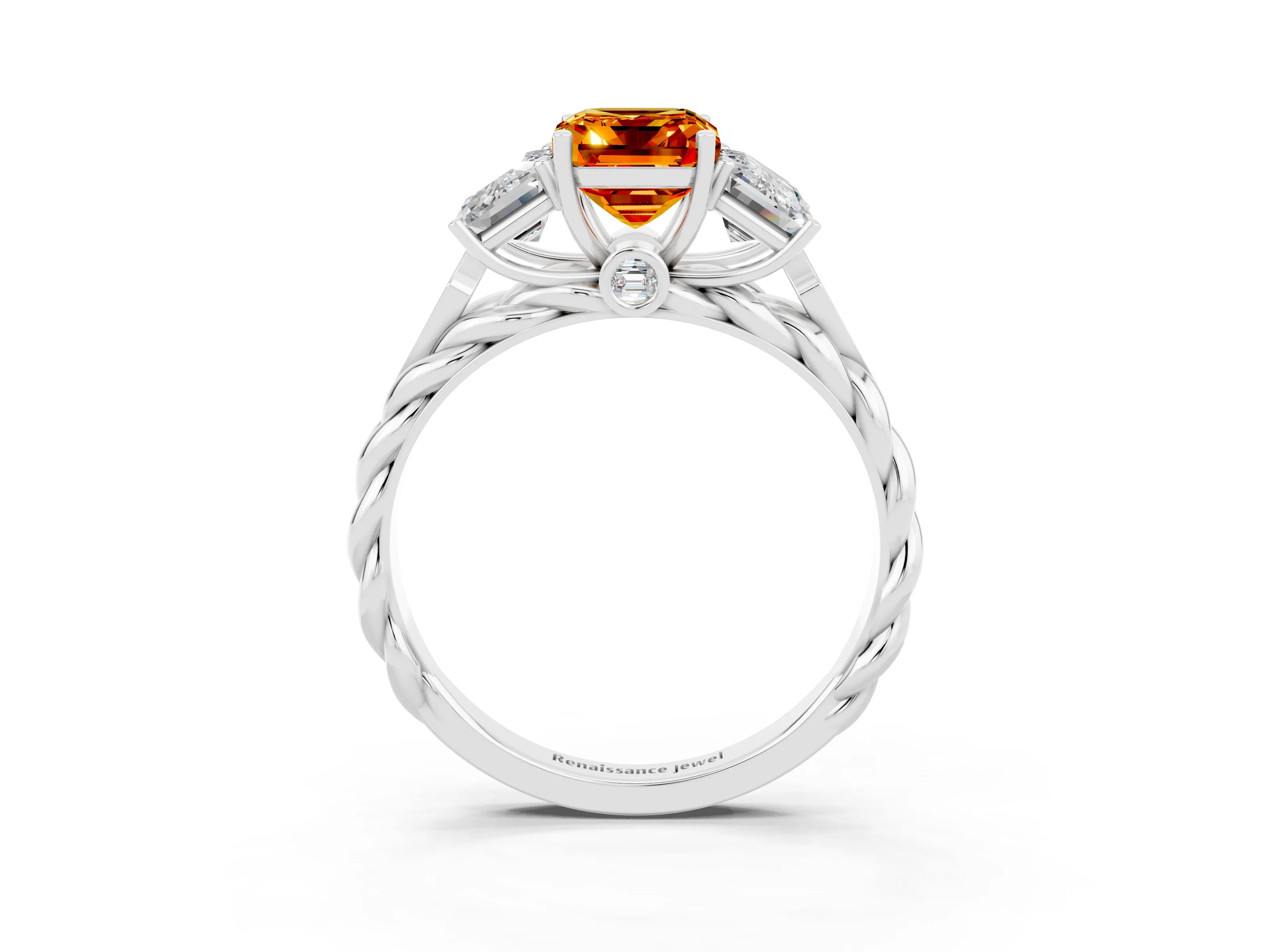 White gold Three-Stone Emerald Cut Citrine Braided Band Ring with Four-Prong Setting_39