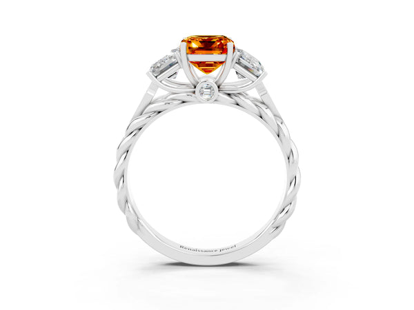 Silver Three-Stone Emerald Cut Citrine Braided Band Ring with Four-Prong Setting