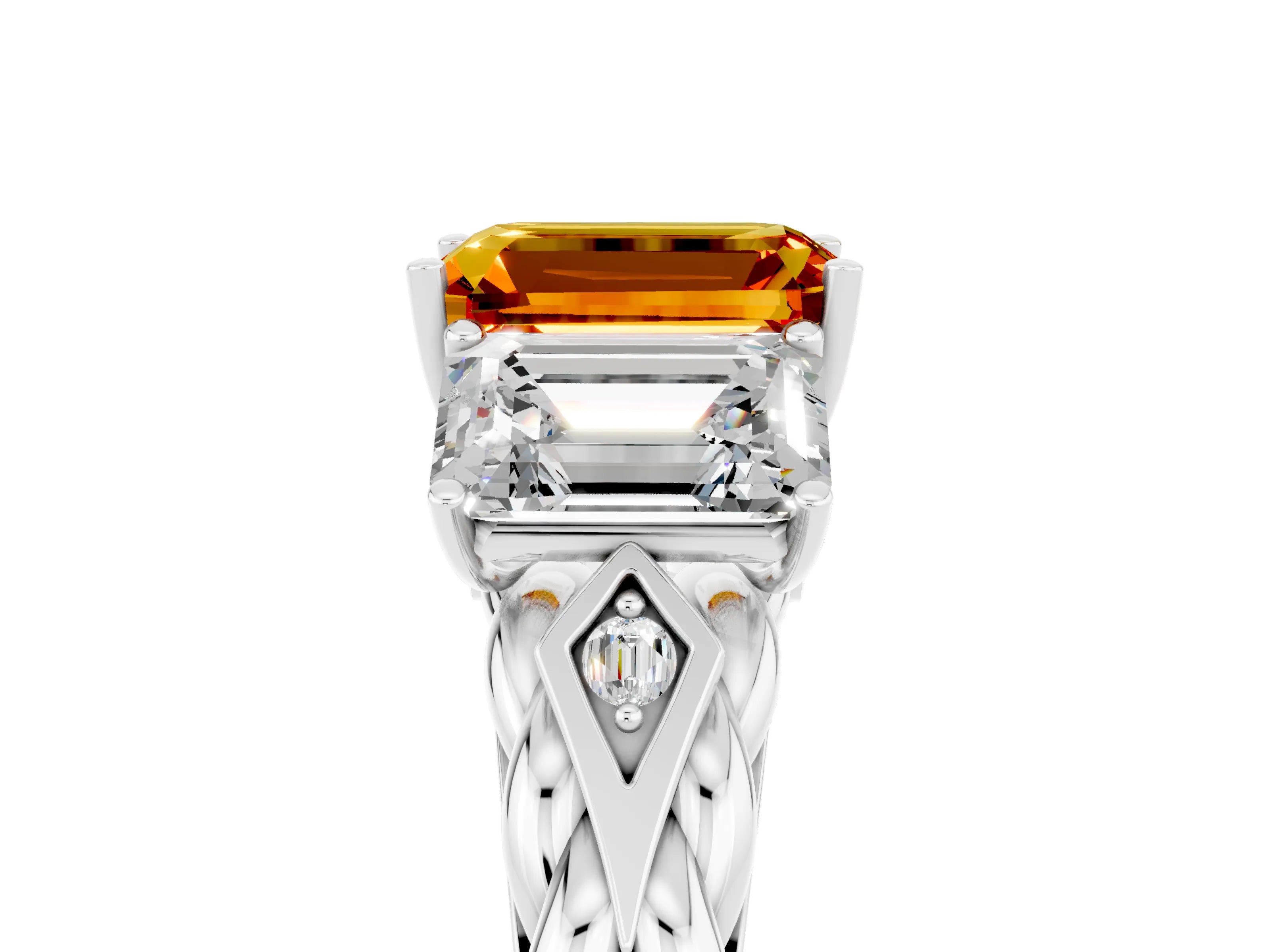 White gold Three-Stone Emerald Cut Citrine Braided Band Ring with Four-Prong Setting_41