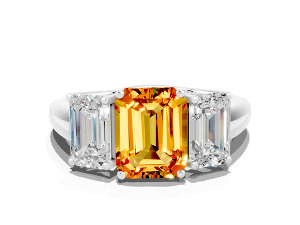 Platinum Three-Stone Emerald Cut Citrine Engagement Ring with Prong Setting