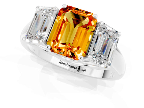 White gold Three-Stone Emerald Cut Citrine Engagement Ring with Prong Setting_1