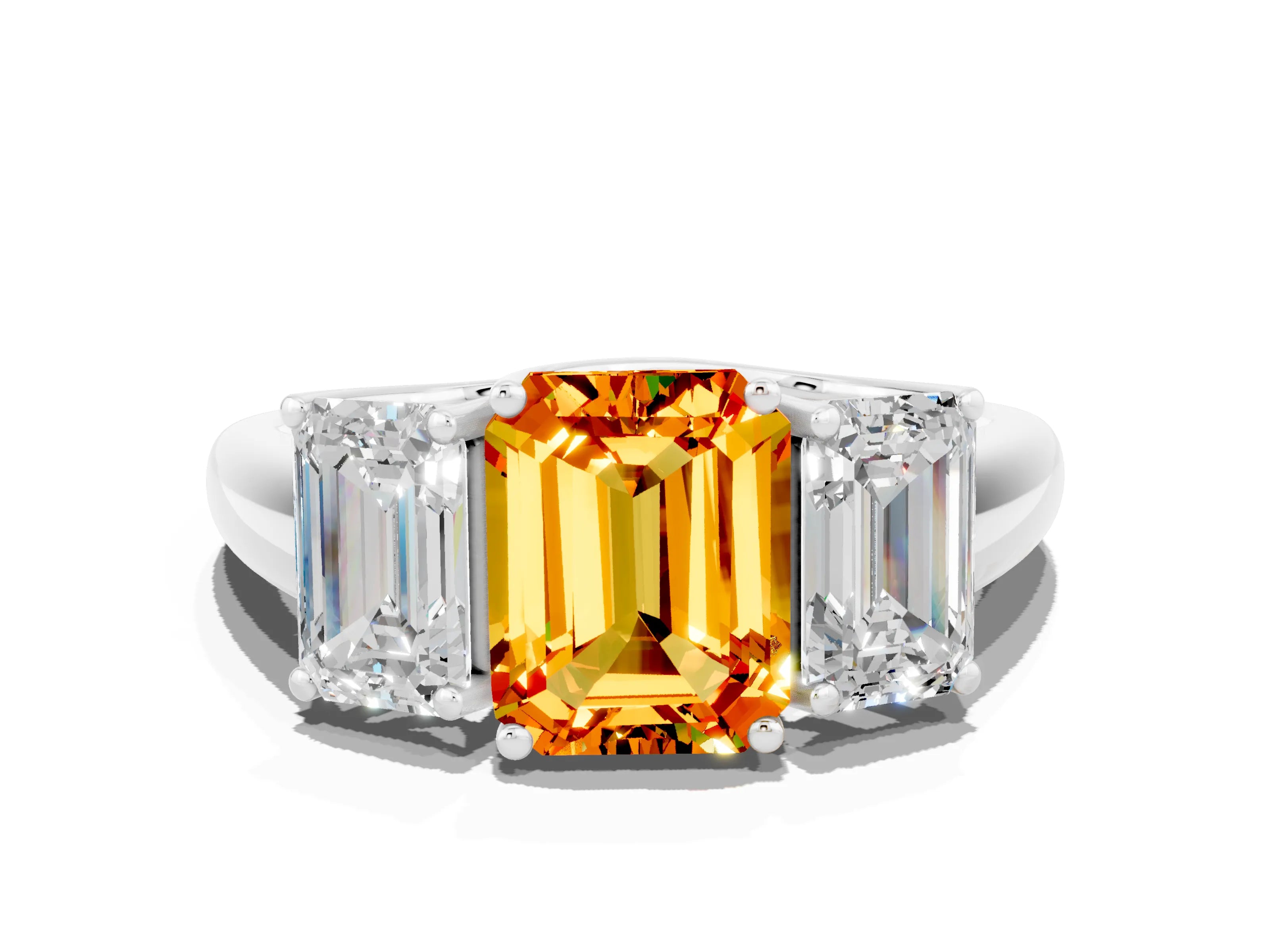 White gold Three-Stone Emerald Cut Citrine Engagement Ring with Prong Setting