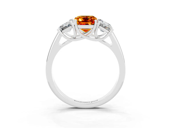 Platinum Three-Stone Emerald Cut Citrine Engagement Ring with Prong Setting