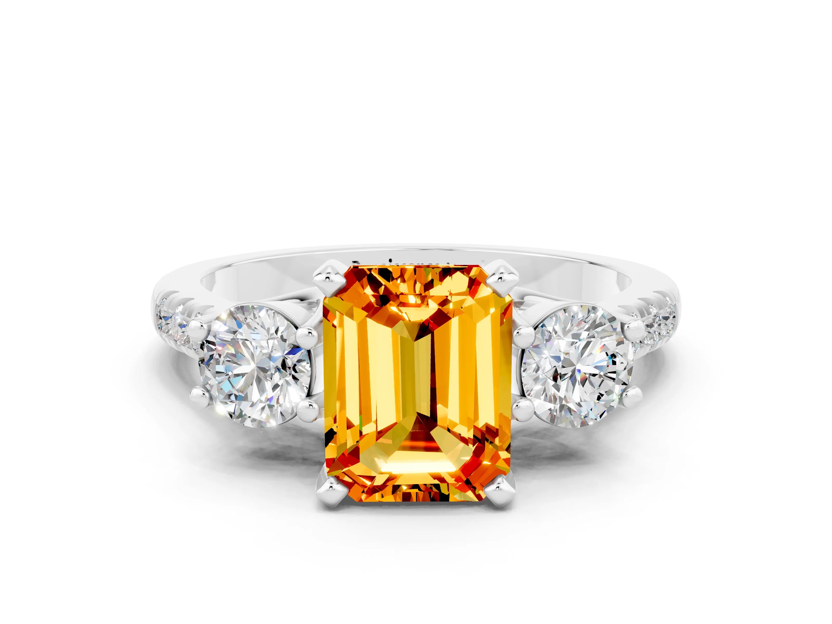 White gold Three-Stone Emerald Cut Citrine Pavé Band with Four-Prong Setting