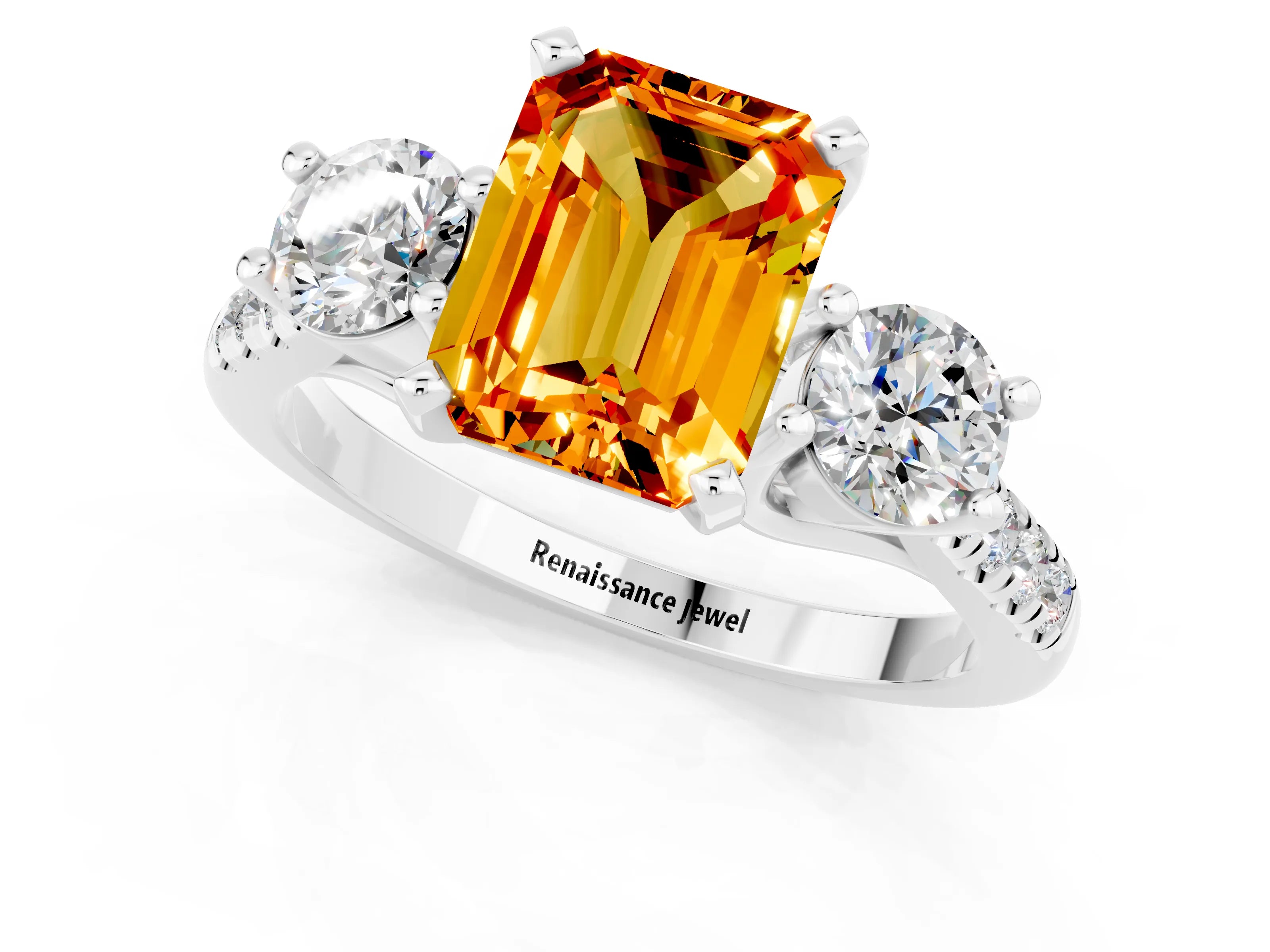 White gold Three-Stone Emerald Cut Citrine Pavé Band with Four-Prong Setting_1