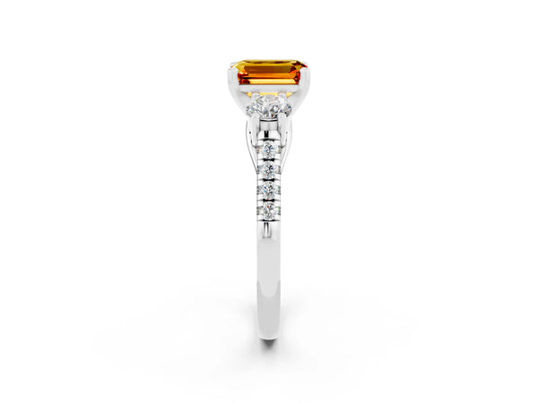 Platinum Three-Stone Emerald Cut Citrine Pavé Band with Four-Prong Setting