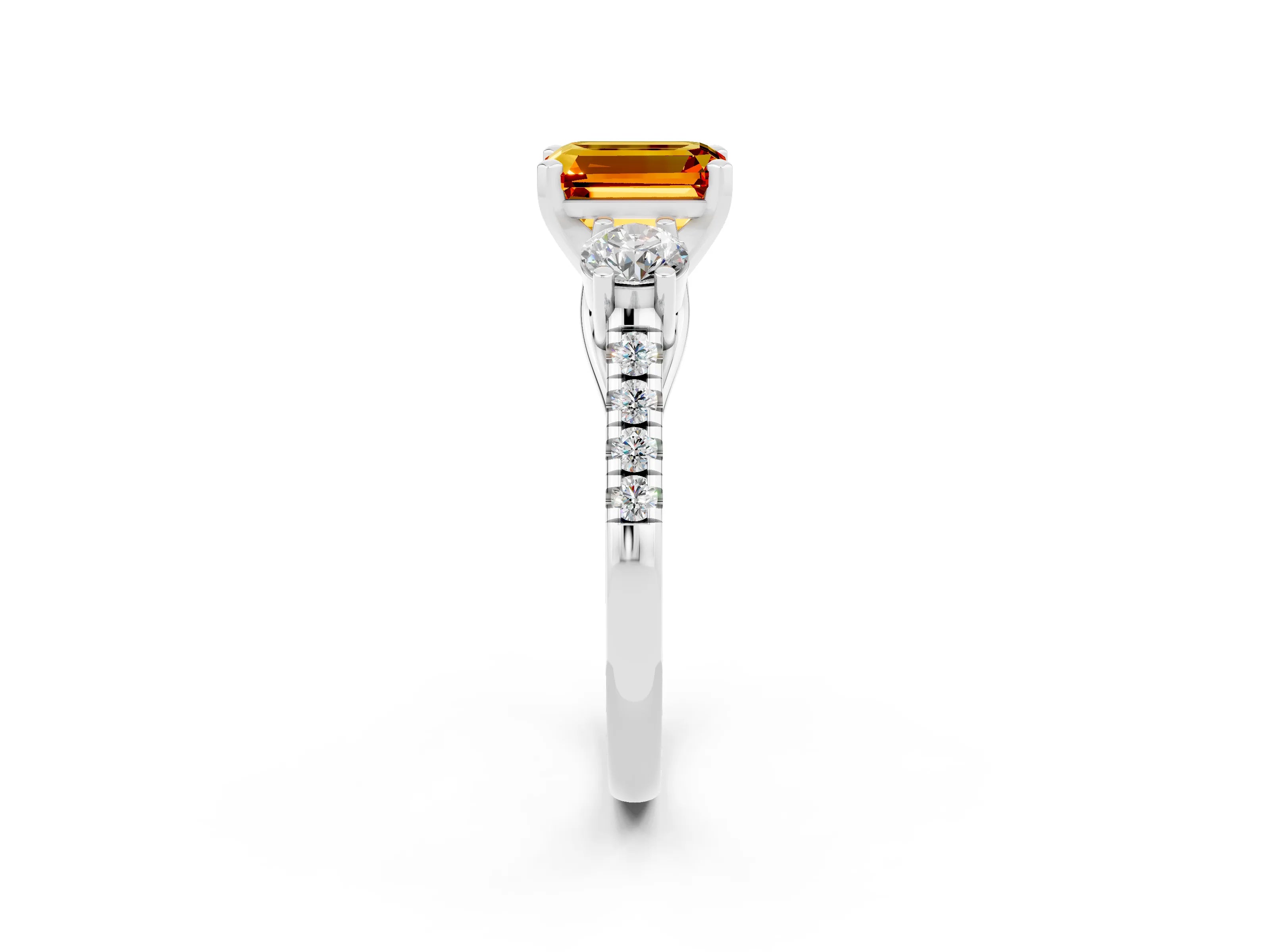 White gold Three-Stone Emerald Cut Citrine Pavé Band with Four-Prong Setting_2