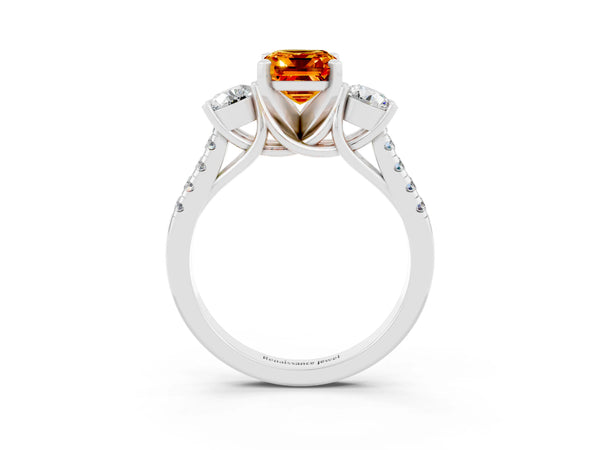Platinum Three-Stone Emerald Cut Citrine Pavé Band with Four-Prong Setting