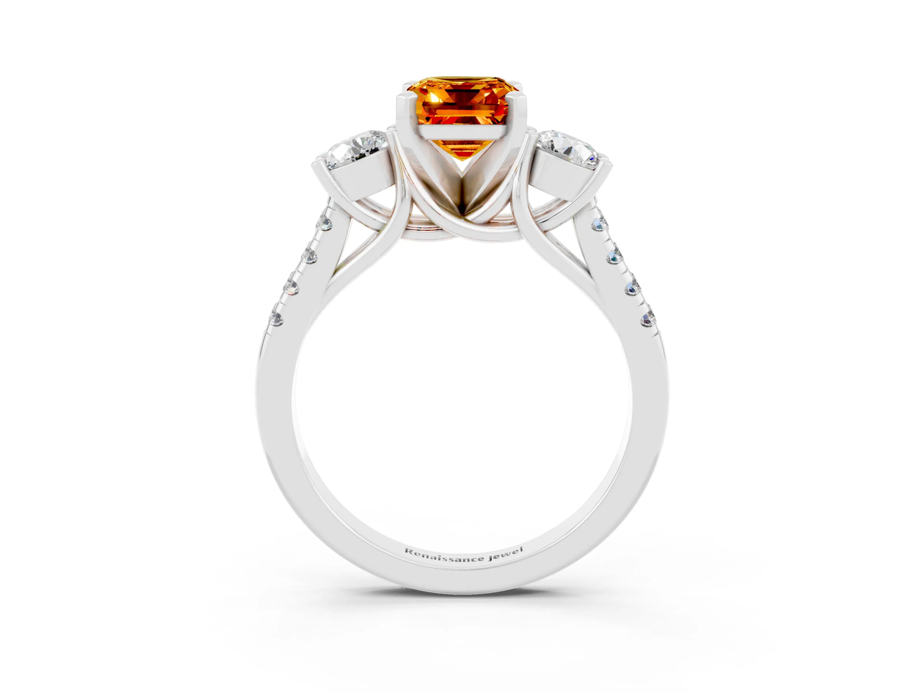 White gold Three-Stone Emerald Cut Citrine Pavé Band with Four-Prong Setting_3