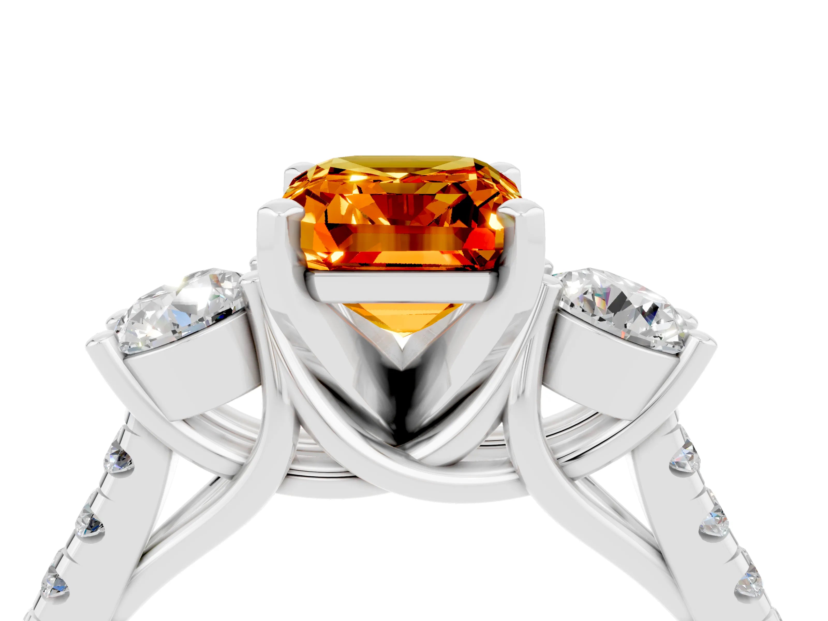 White gold Three-Stone Emerald Cut Citrine Pavé Band with Four-Prong Setting_4