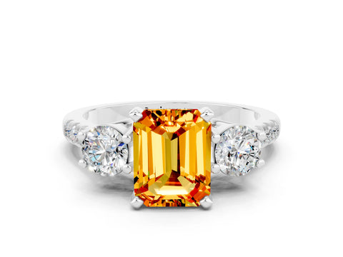White gold Three-Stone Emerald Cut Citrine Pavé Band with Four-Prong Setting