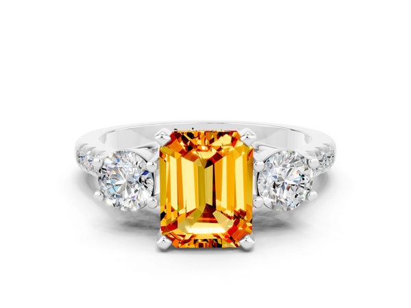 Silver Three-Stone Emerald Cut Citrine Pavé Band with Four-Prong Setting
