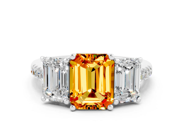 White gold Three-Stone Emerald Cut Citrine Ring with Round  Pavé Band and Prong Setting