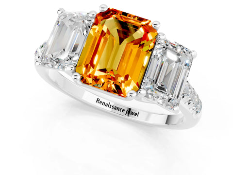 White gold Three-Stone Emerald Cut Citrine Ring with Pavé Band and Prong Setting_13
