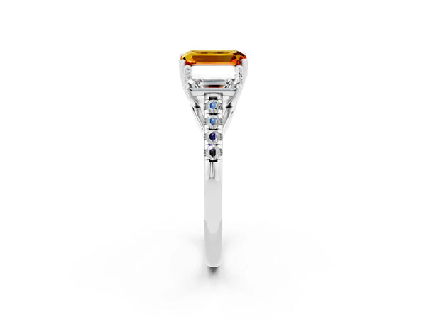 White gold Three-Stone Emerald Cut Citrine Ring with Round  Pavé Band and Prong Setting