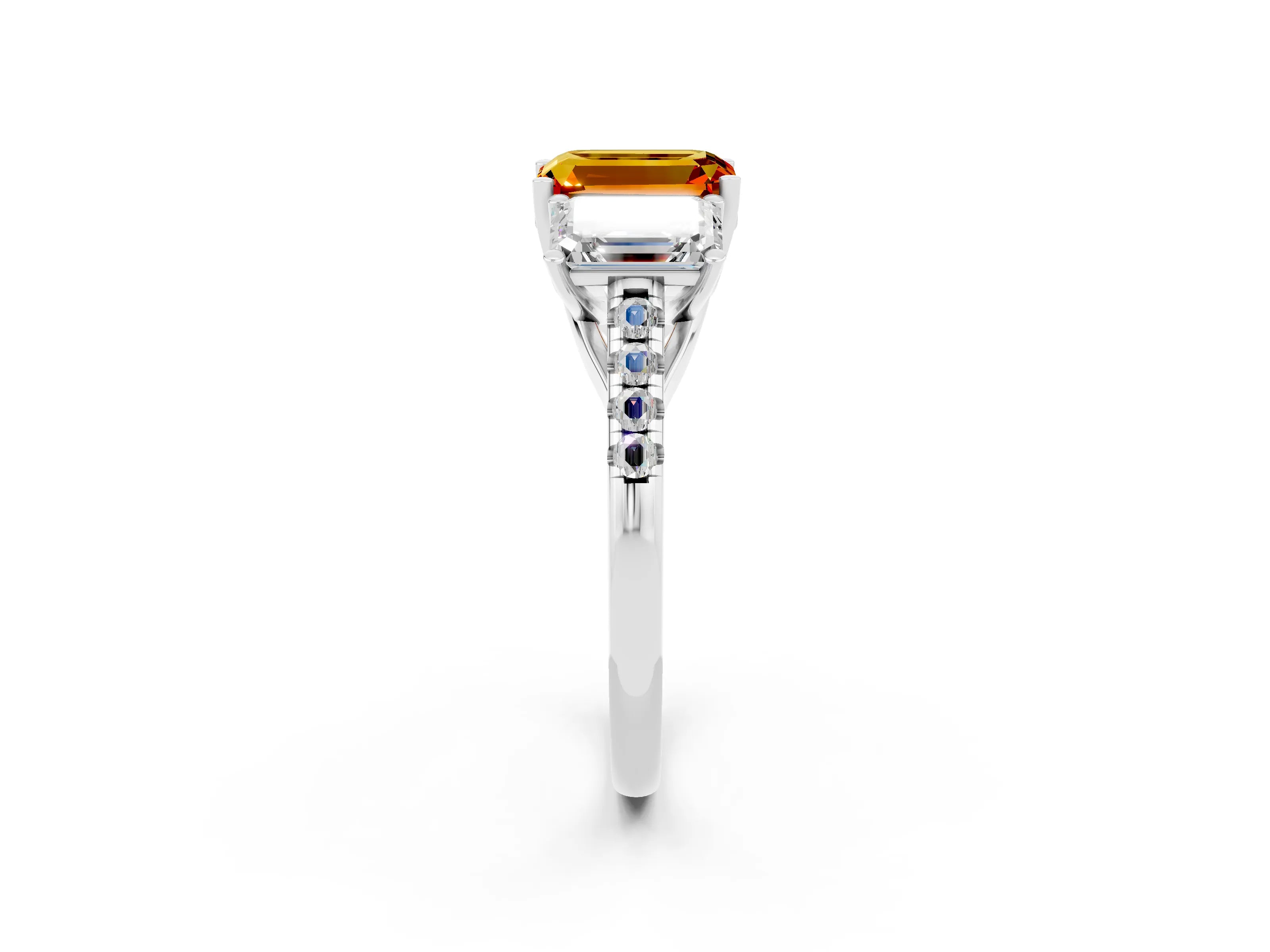 White gold Three-Stone Emerald Cut Citrine Ring with Pavé Band and Prong Setting_14