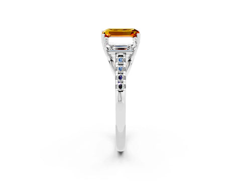 White gold Three-Stone Emerald Cut Citrine Ring with Pavé Band and Prong Setting_14