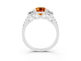 White gold Three-Stone Emerald Cut Citrine Ring with Pavé Band and Prong Setting_15