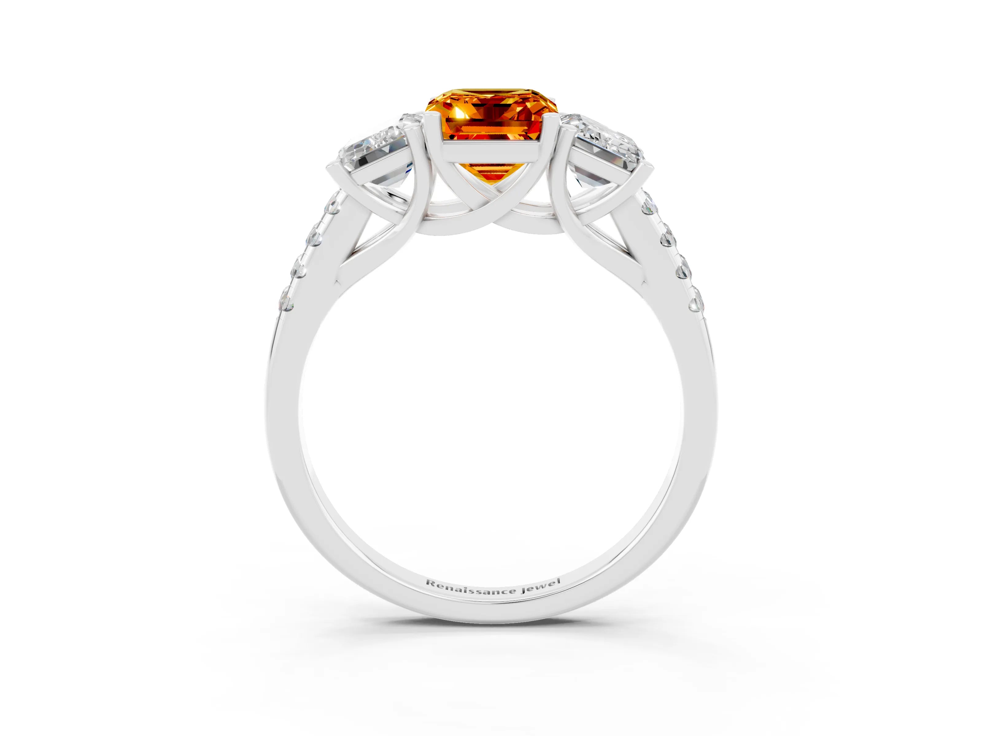 White gold Three-Stone Emerald Cut Citrine Ring with Pavé Band and Prong Setting_15
